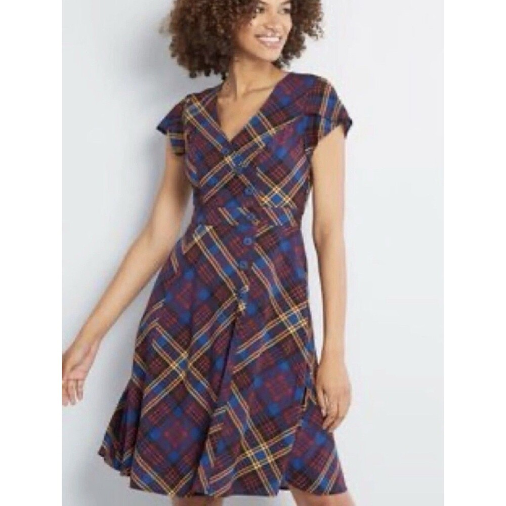 ModCloth Vintage 50s Inspired Plaid Fit & Flare Dress Size Large Retro Classic